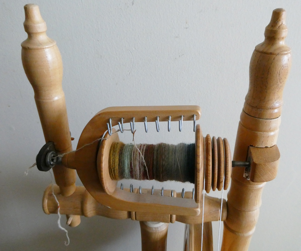 Hamish Poulson upright Shetland spinning wheel - flyer, maidens and mother of all