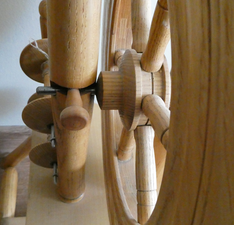 Hamish Poulson upright Shetland spinning wheel - wheel hub